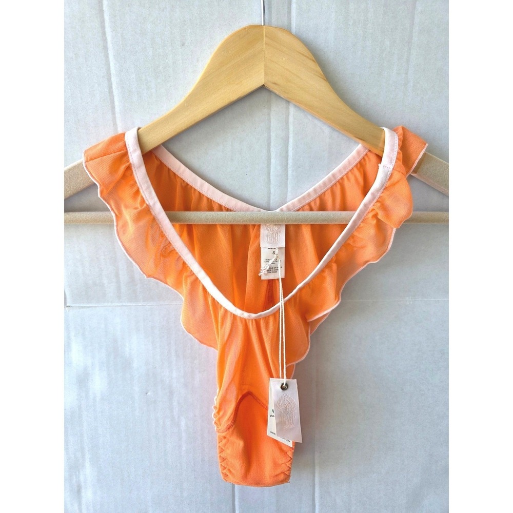 FP x We Are HAH Tangerine Sheer Ruffle Deep V Thong Panty NWT Large Sunsetcore